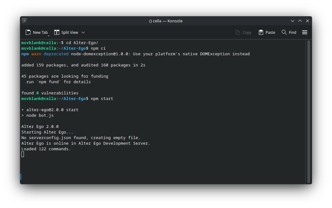 Alter Ego 2.0.0d Starting Alter Ego… Alter Ego is online in Alter Ego Development Server. Loaded 122 commands.
