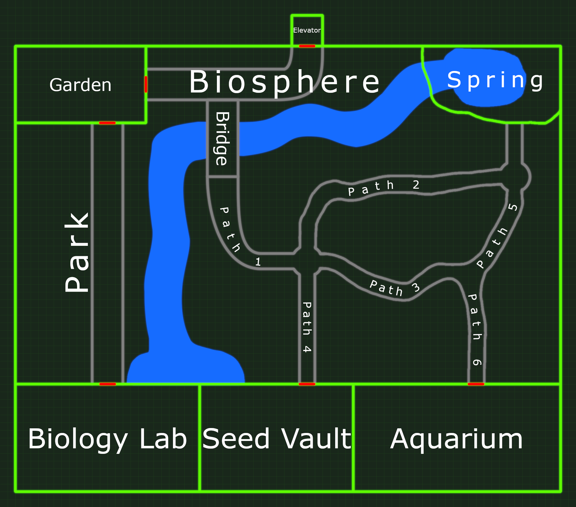 A map depicting a square facility with green boundaries, with “Biosphere” inscribed at the top. It has a spring and a river flowing throughout, as well as a number of natural-looking paths. There are grid lines in the background, and the boundaries of the map have a subtle green glow.