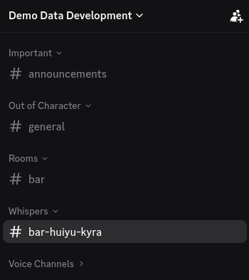 A Discord server’s channel list. Under the Whispers category, a new channel has been created named #bar-huiyu-kyra