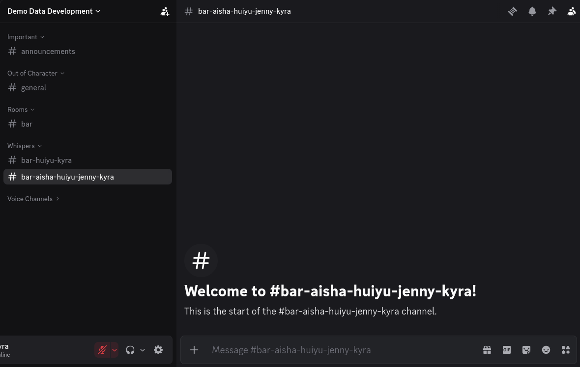 A Discord server’s channel list. Under the Whispers category, a new channel has been created named #bar-aisha-huiyu-jenny-kyra, which has no messages in it. The #bar-huiyu-kyra channel still exists above it.