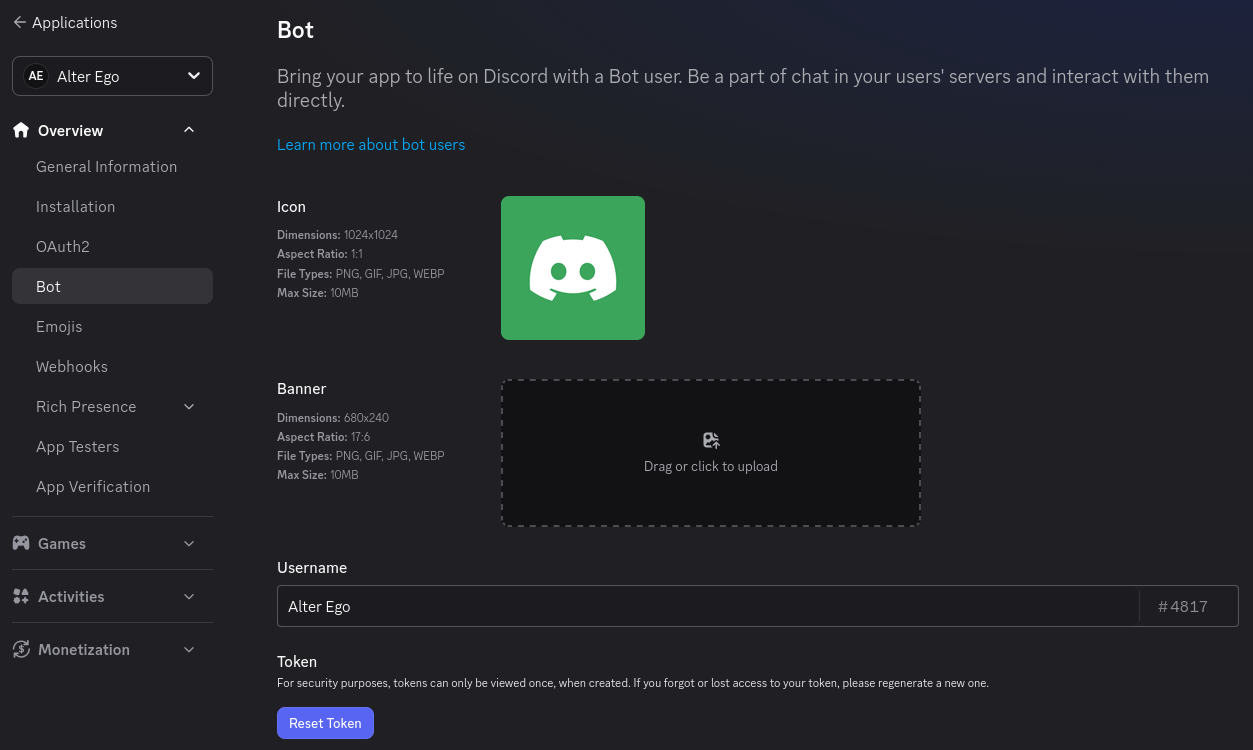 The Bot page of a Discord Application