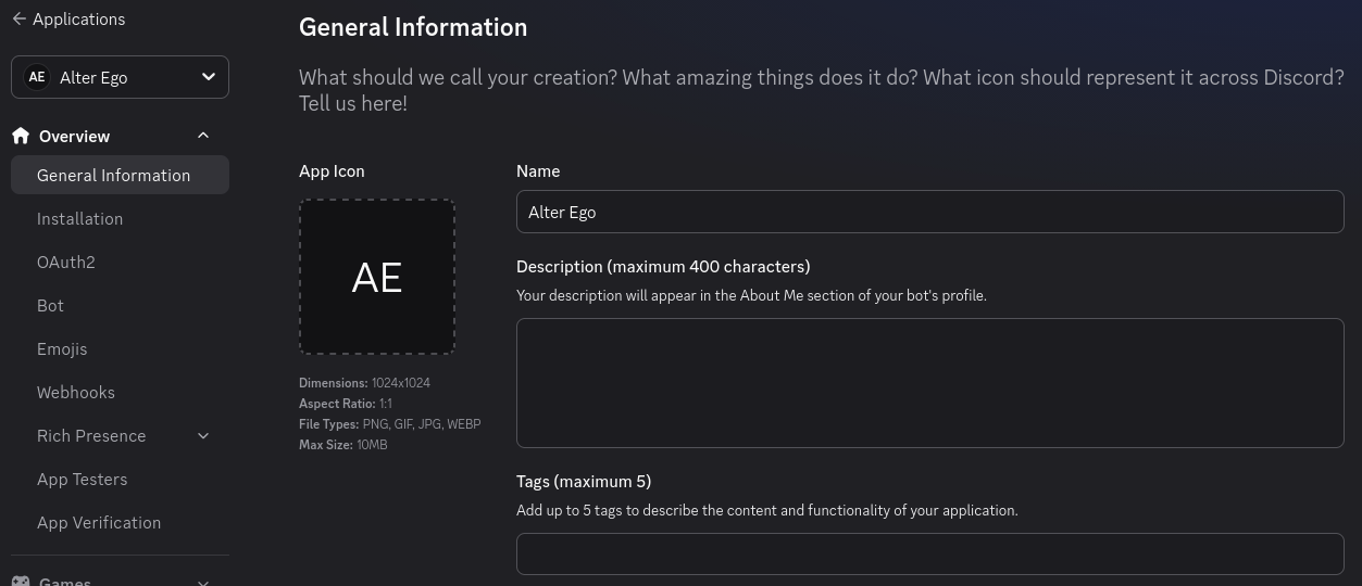The General Information page of a Discord Application