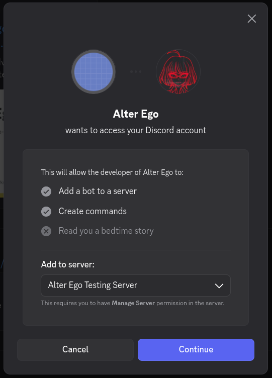 Prompt to add the Alter Ego bot to your server