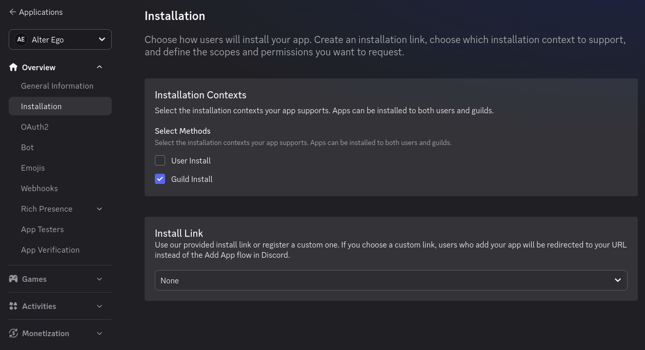 The Installation page of a Discord Application