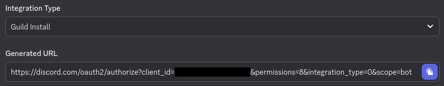 The Integration Type dropdown with “Guild Install” selected, and a “Generated URL” beneath it