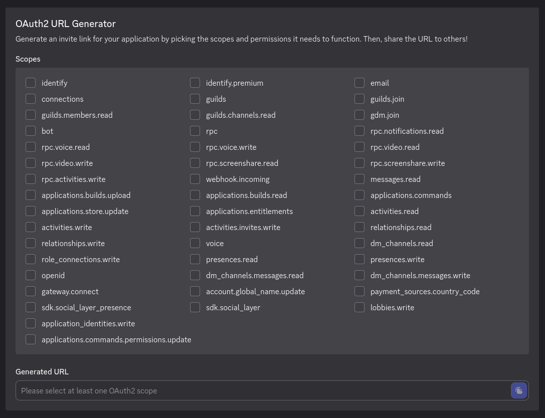 The Discord OAuth2 URL Generator section with nothing selected