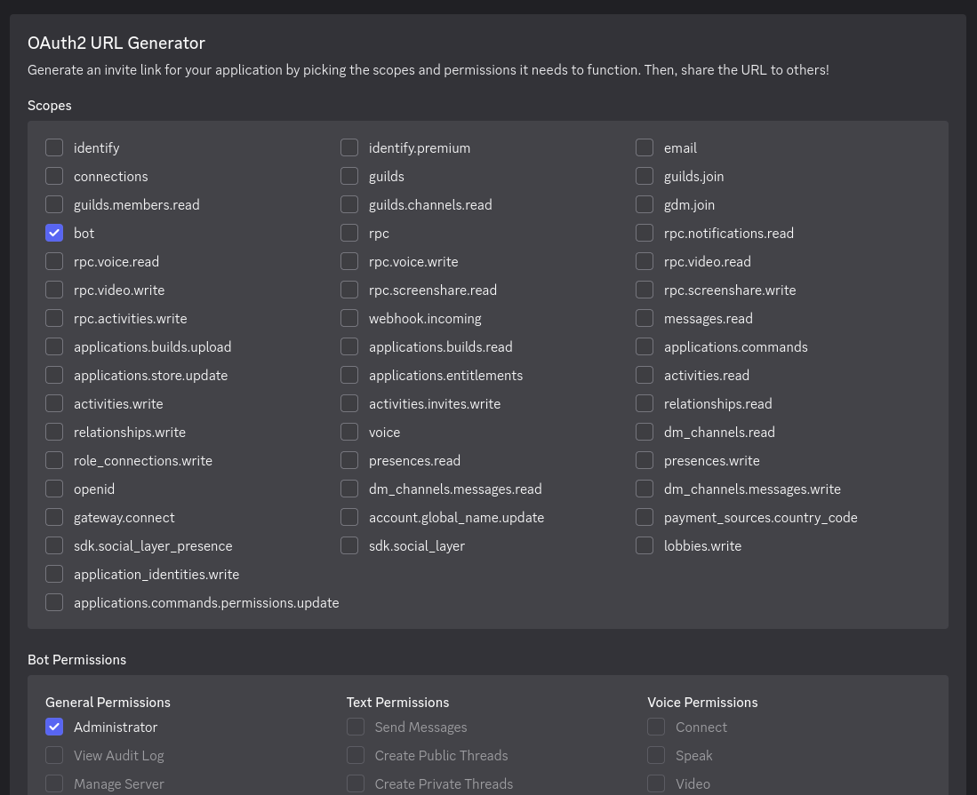 Discord OAuth2 URL Generator with “bot” Scope and “Administrator” Permission checked
