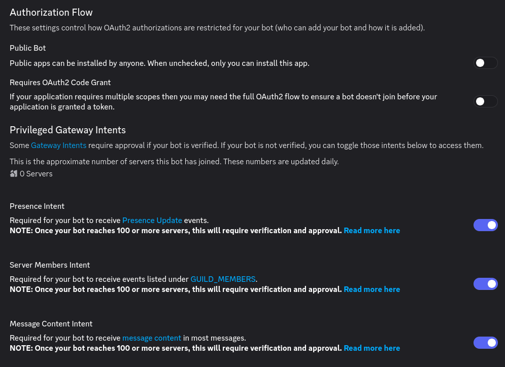 “Public Bot” and “Requires OAuth2 Code Grant” disabled; “Presence Intent”, “Server Members Intent”, “Message Content Intent” enabled