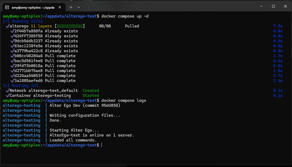 The command line output of running docker compose up -d and docker compose logs