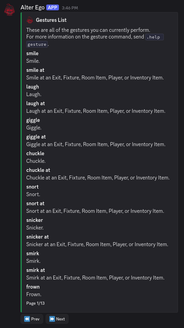 The output of the .gesture list command. There are 13 pages of gestures.