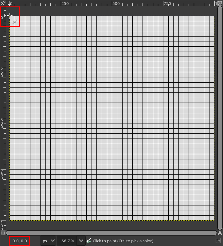 The GIMP canvas. The cursor is hovered over the top-left corner of the image on the canvas. In the bottom-left corner of the program, underneath the canvas, the cursor’s position is shown as 0.0, 0.0