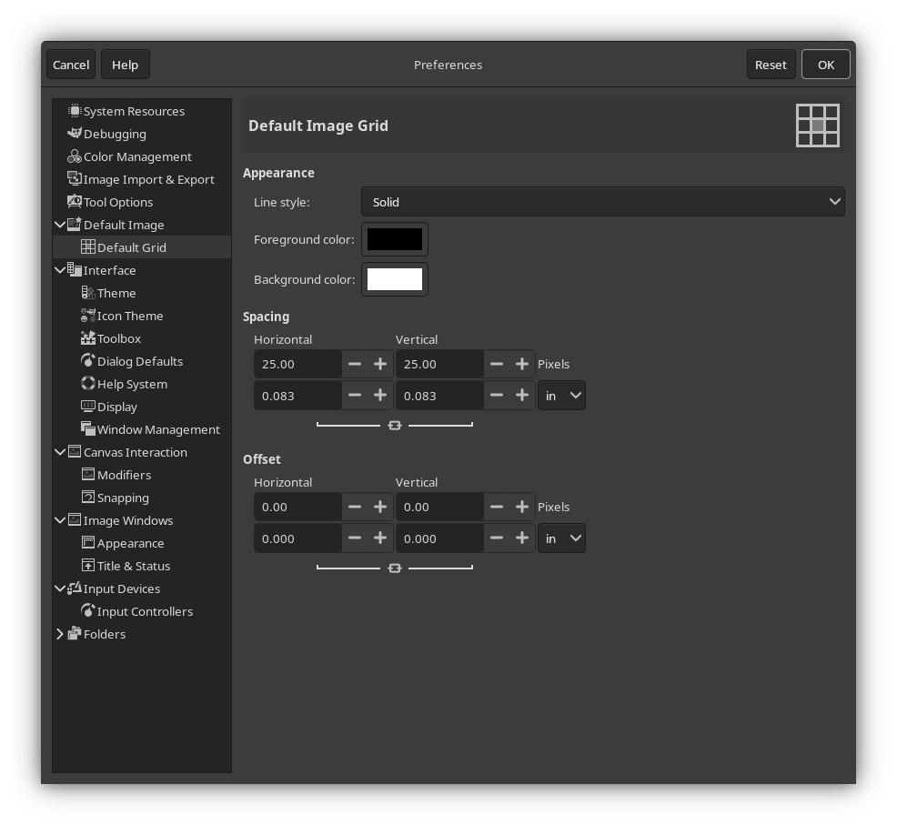 The Default Image Grid preference page of GIMP, with the horizontal and vertical spacing set to 25.00