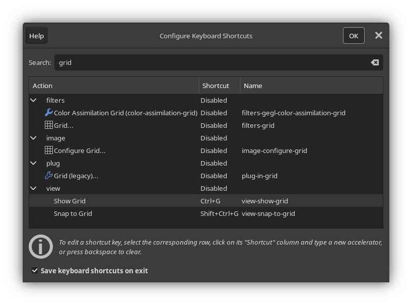 The Configure Keyboard Shortcuts dialog of GIMP, with Show Grid and Snap to Grid set to Ctrl+G and Shift+Ctrl+G respectively