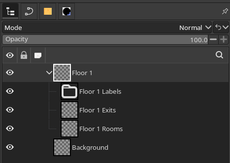 The GIMP Layers window, with a layer group named Floor 1, which contains, in descending order, a layer group named Floor 1 Labels, a layer named Floor 1 Exits, and a layer named Floor 1 Rooms. Under the entire layer group is a layer named Background.