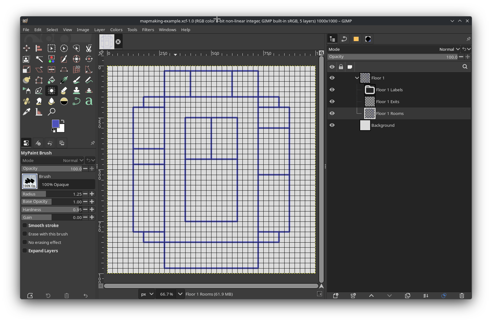 GIMP, with the canvas filled with the boundaries of a building and all its rooms