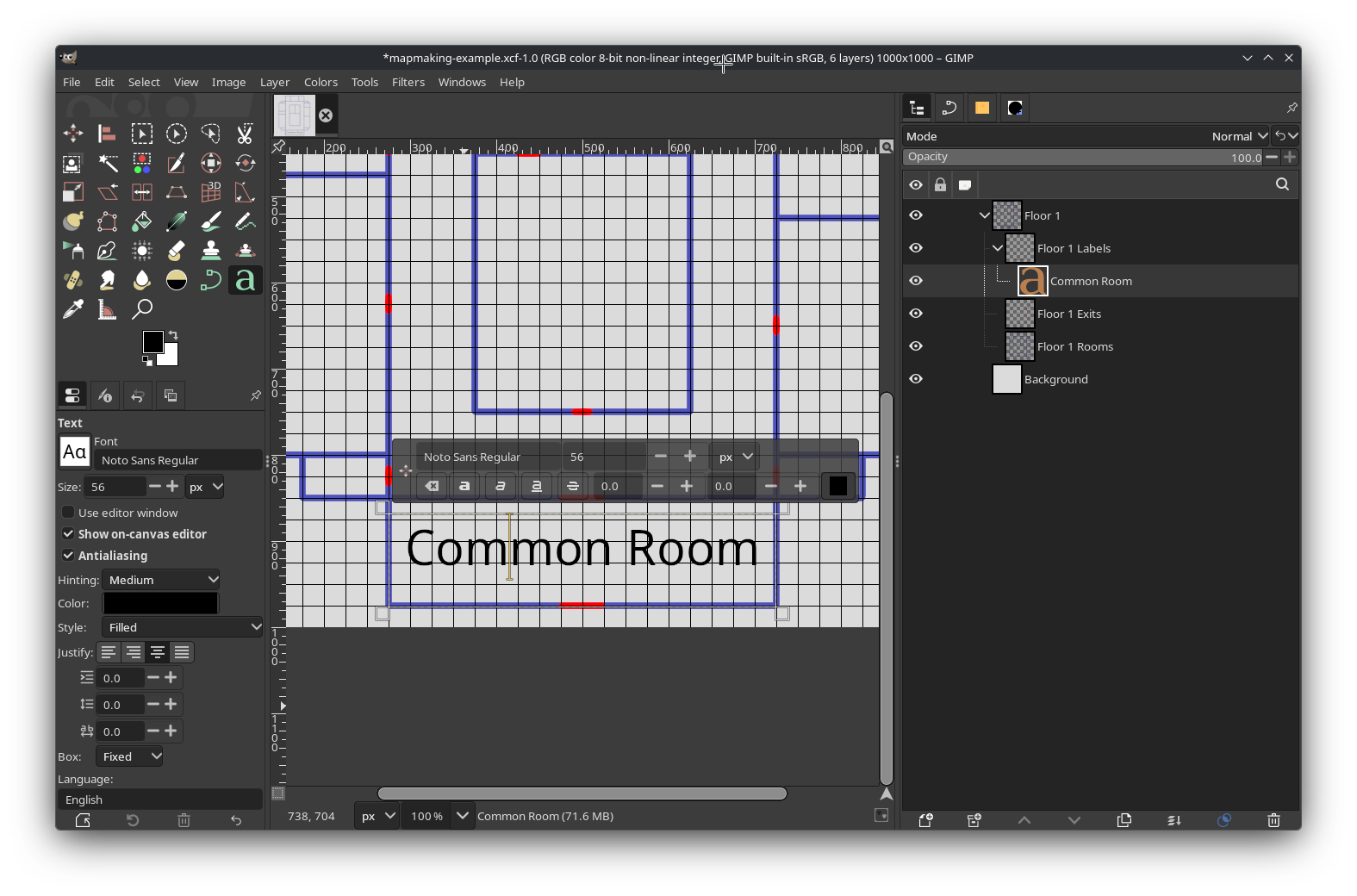 The building from earlier, with the Text Tool open. The bottom-most room is labeled “Common Room”. The text layer is aligned with the left and right boundaries of the room along the grid, and the text layer’s top boundary has been moved downward, so that the label appears roughly centered vertically