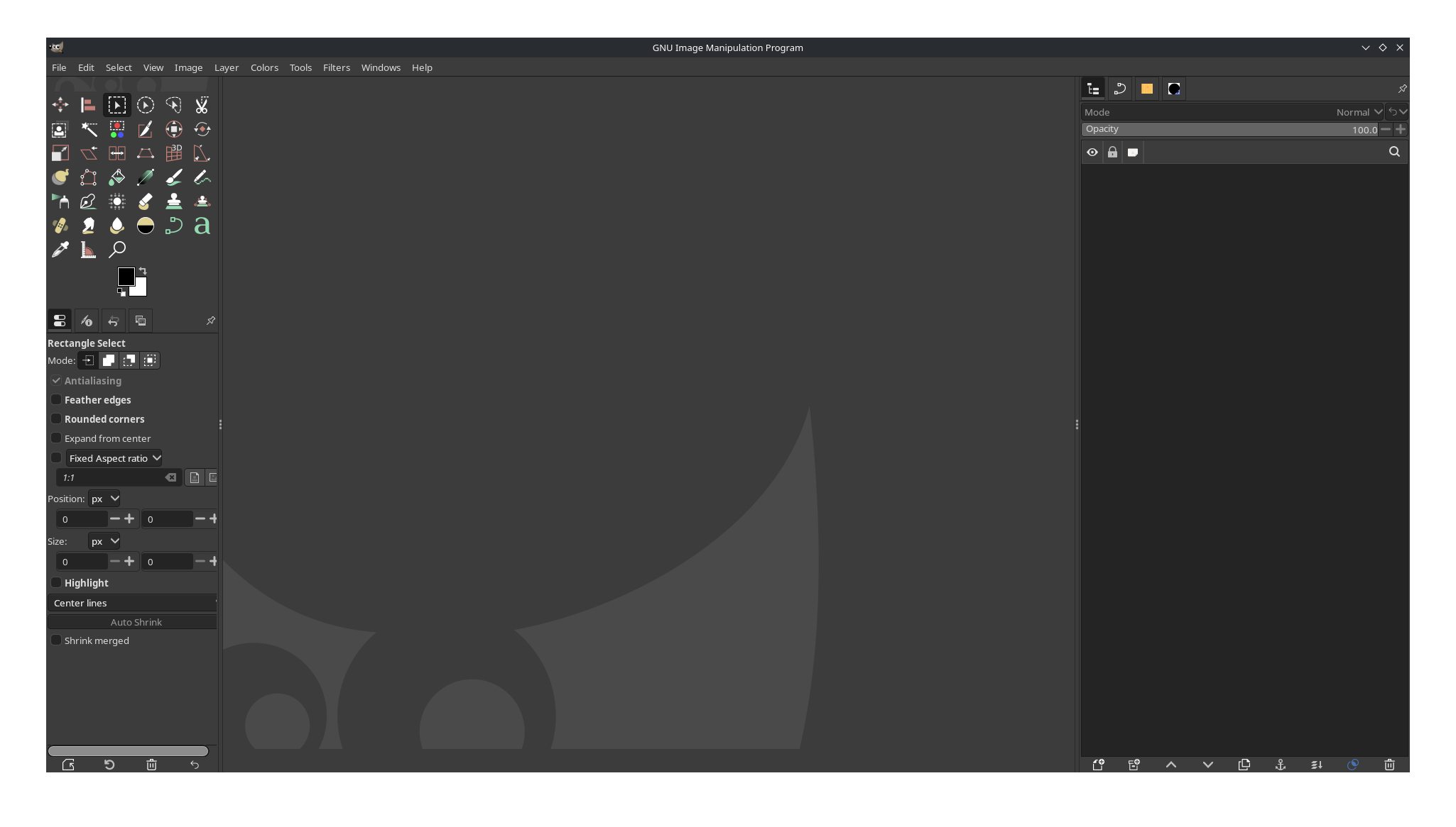 The opening screen of GIMP