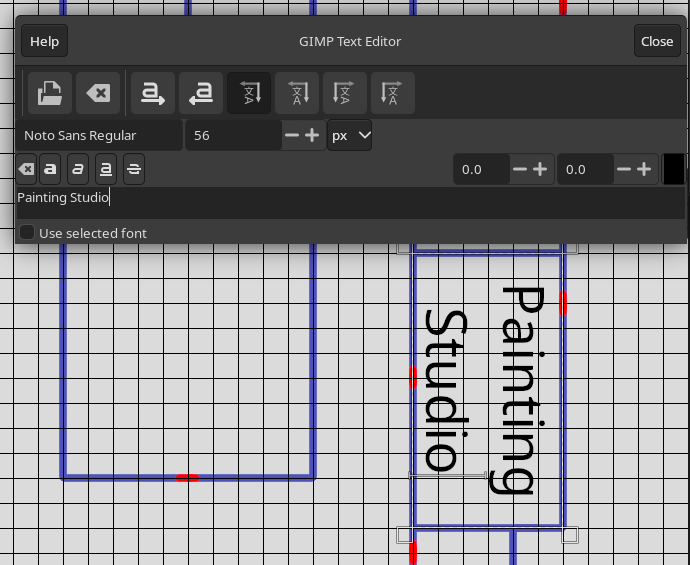 The GIMP Text Editor window open, with the orientation set to “Vertical, right to left (mixed orientation)”. The label that was entered, “Painting Studio” is rotated 90°
