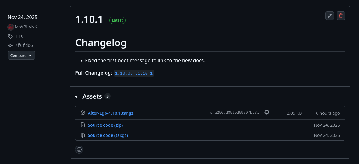 The page for the most recent release of Alter Ego