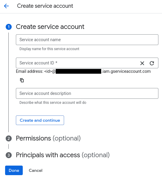Google Cloud’s Create service account page