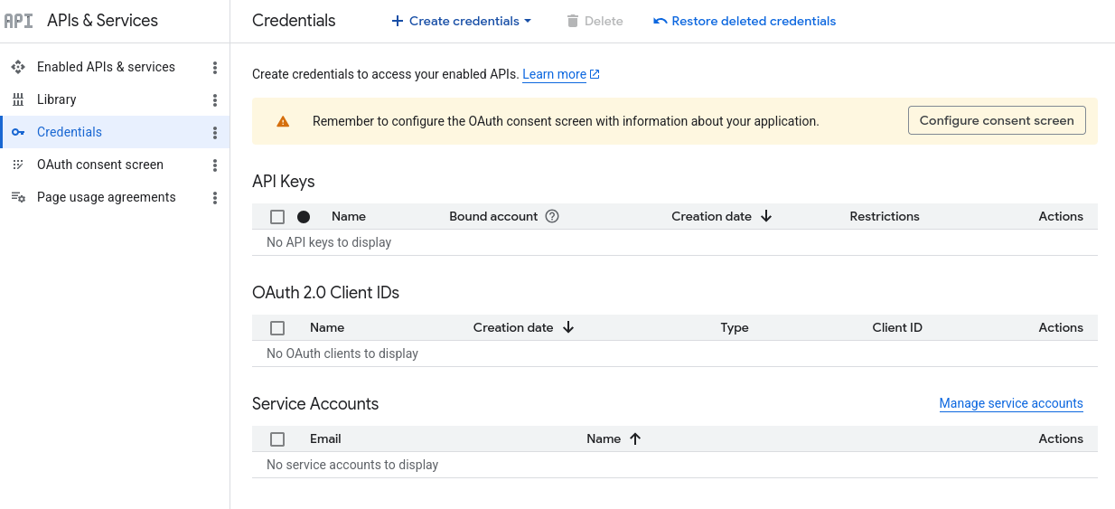 Google Cloud’s Credentials page