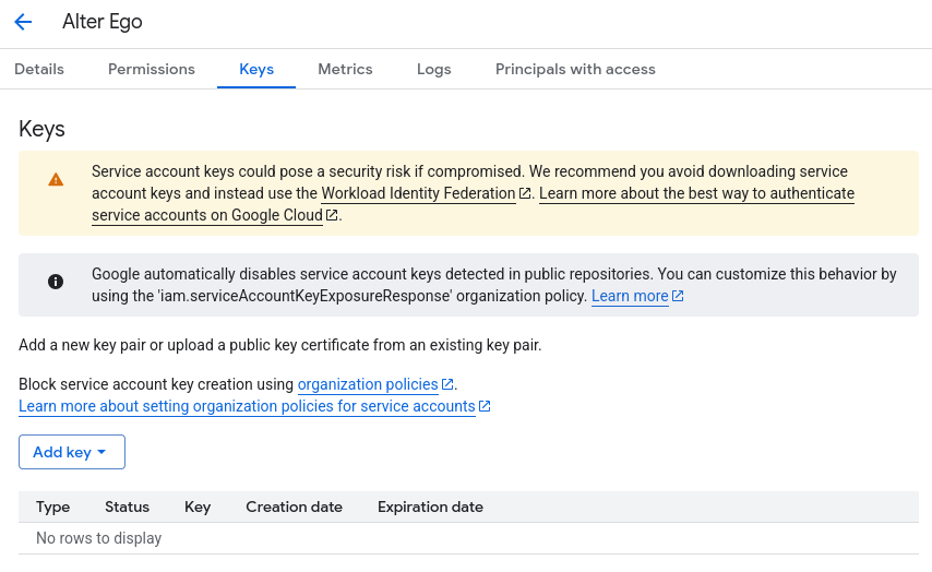 Google Cloud’s service account keys page
