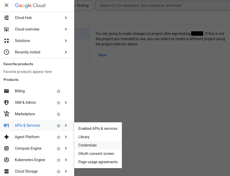 Google Cloud’s Navigation menu, with Credentials under APIs & Services selected