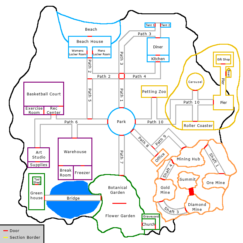 A map depicting an island, with a circular park at the center, leading to different-colored sections. There is a key in the lower left-hand corner denoting what is a door and what is a section border.