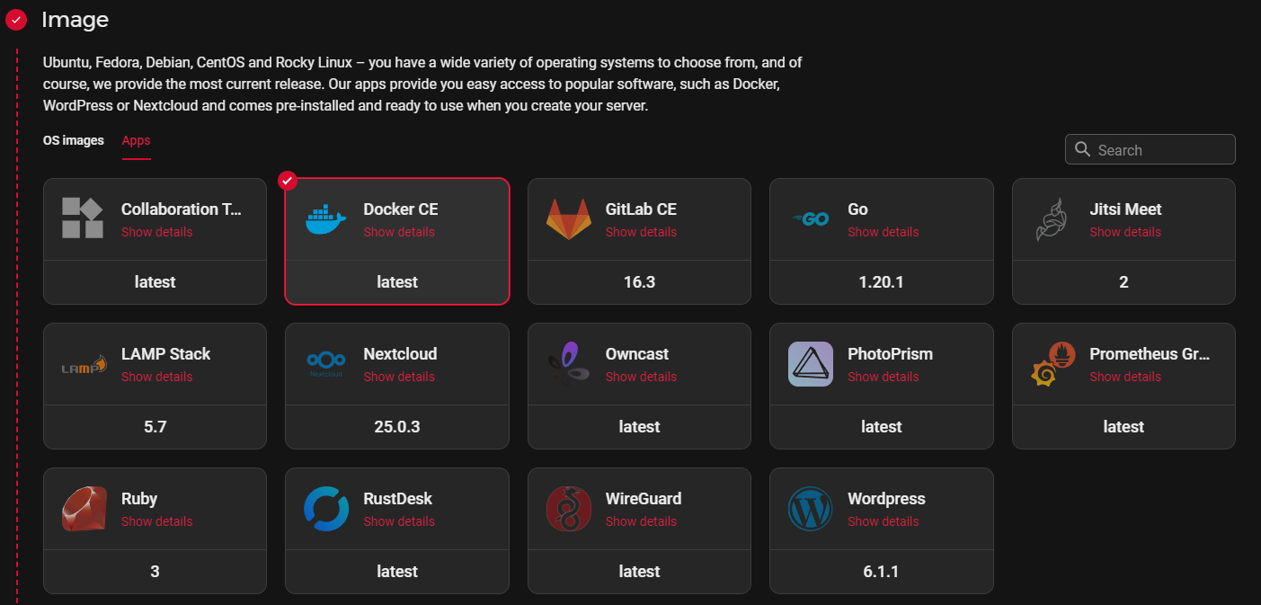 An app image installation page on Hetzner’s website, with Docker CE selected