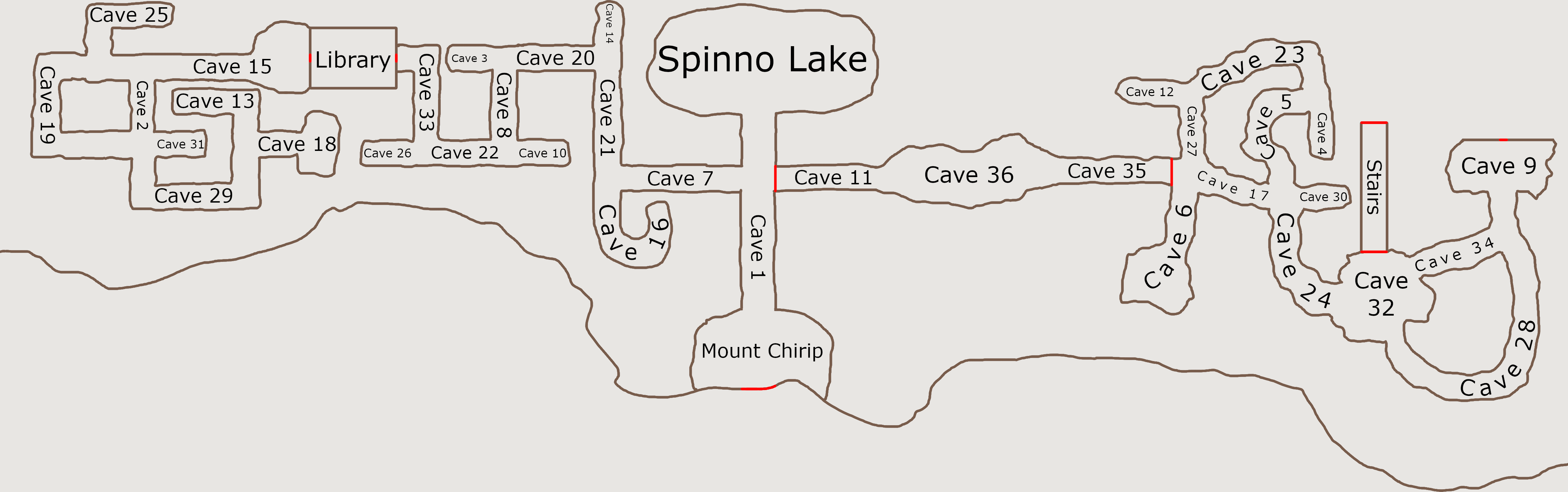 A map illustrating the interior of a mountain, with rugged, brown room boundaries and many curved, interconnected cave tunnels