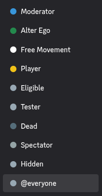 Moderator Alter Ego Free Movement Player Eligible Tester Dead Spectator Hidden @everyone